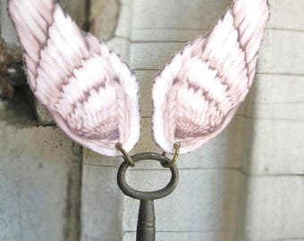 White Angel Wing Necklace Gift with Vintage Key, Statement Jewellery Gift, One of Kind, Handmade For Her, Key to Your Heart, Antique Present