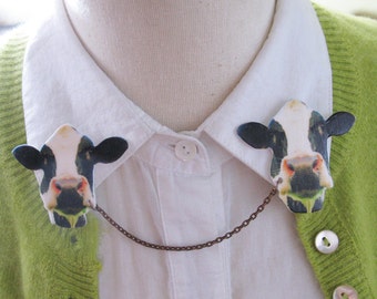 Cow Animal Statement Brooch, White and Black Country Geekery Farm, Double Collar Pin Quirky Fun Funny Gift for Her Jewelry Dairy Farmer