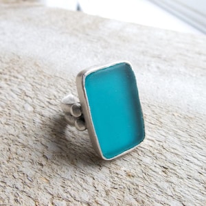 Sea Glass Aqua Ring Adjustable Handmade Large Rectangle, Also in Cobalt Blue Modern Rustic Beach Jewelry, Valentine's Day Gift for Her