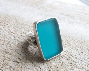 Sea Glass Aqua Ring Adjustable Handmade Large Rectangle, Also in Cobalt Blue Modern Rustic Beach Jewelry, Valentine's Day Gift for Her