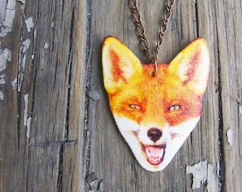 Animal Fox Necklace, Jewelry Fashion, Woodland Trend, Wildlife, Image on Acrylic, Quirky Fun for Girls, Orange Wild Animals, Forest Creature