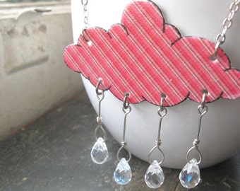 Tartan Plaid Scotland Red Necklace Raindrop Cloud Showers Rain Crystal Jewelry