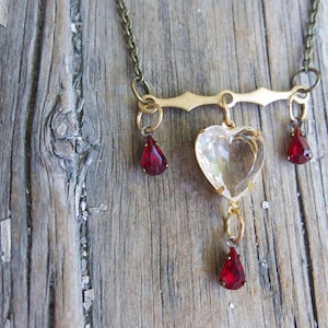 Red Crystal Heart Necklace: Vintage-Inspired Ruby Red Teardrops, Pendant on Brass Bar with Clear Crystal Heart, Handmade Gift for Her