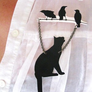 Black Cat and Birds Pin, Animal Brooch, Mother's Day Gift, Pet Lover, Silhouette, Unique Funky, Cool Present, Trendy Best Seller, For Her image 2