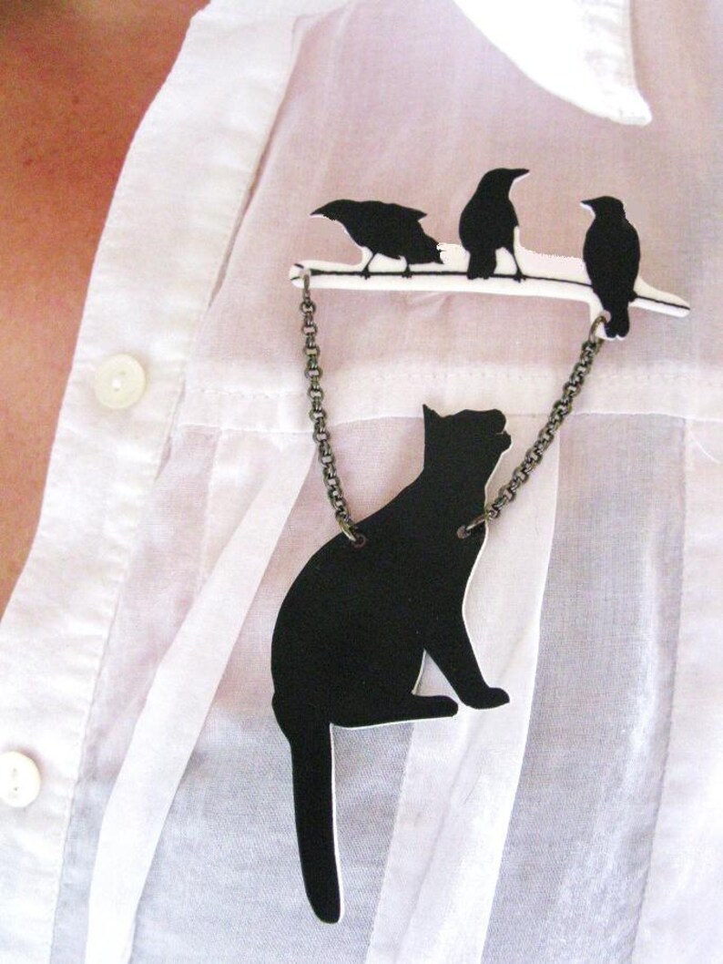 Black Cat and Birds Pin, Animal Brooch, Mother's Day Gift, Pet Lover, Silhouette, Unique Funky, Cool Present, Trendy Best Seller, For Her image 2