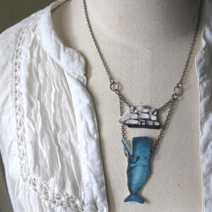 Whale Animal Necklace Nautical Statement Gift, Moby Dick Ship Kitsch Geekery, Plastic Pendant For Her, Blue Quirky Ocean Creature Fun Unique