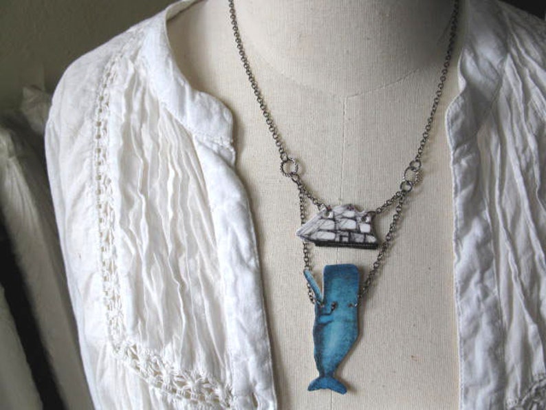 Whale Animal Necklace Nautical Statement Gift, Moby Dick Ship Kitsch Geekery, Plastic Pendant For Her, Blue Quirky Ocean Creature Fun Unique image 1