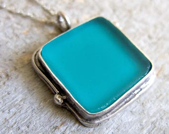 Handmade Jewelry Aqua Teal Sea Glass Necklace: Square Blue Pendant, Antique Inspired Design, Made in Canada, Birthday Gift for Mother