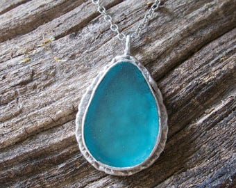 Teardrop Sea Glass Necklace, Aqua Blue Pendant Gift, Handmade for Her, Mother's Day Present, for Women, Friend, Nautical Theme, for Birthday