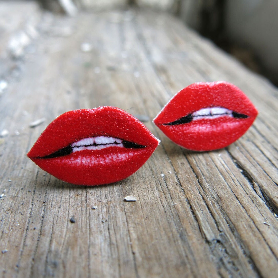 Red Lips Post Earrings, Statement gift for Best Friend, Teen Girls, Fun Kitschy Kitsch, Cosmetics, Handmade For Her Quirky, Geekery Present