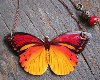 Butterfly Necklace Monarch Pendant: Orange Yellow Red Rustic Insect Jewelry for Women Teens