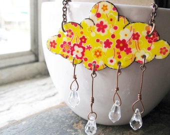 Neon Bright Rain Drops Lemon Yellow Rain Cloud and Crystal Showers Raindrops Floral Print Necklace