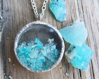 Blue Opal Necklace Raw Peruvian Gemstone: October Birthstone, Glass Locket Pendant, Rough Ethereal Statement Jewelry