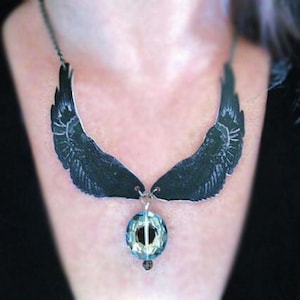 Black Angel Wings Necklace in Crystal Beads: Handmade Gothic Collar Bib, Dark Statement Jewelry
