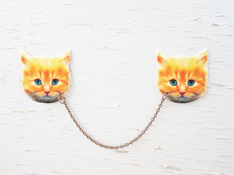 Schattige oranje kat broche pin, dubbele kraag, dierensieraden, kittens trend, funky vondsten voor haar, meisjes eigenzinnige kitsch, leuke dierenliefhebber, tienerplezier afbeelding 3