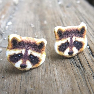 Raccoon Earrings, Handmade Post Earrings, Handmade for her, Birthday Gift, Woodland Animal Lover, Cute Wildlife Studs, Present for Friend