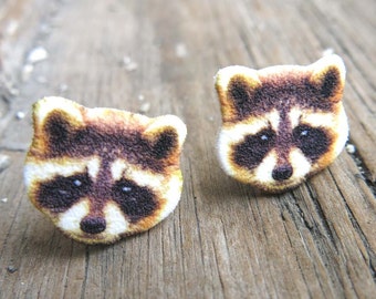 Raccoon Earrings, Handmade Post Earrings for her, Woodland Animal Lover, Wildlife Cute Stud Mother's Day Gift, Present Quirky Nature Forest,