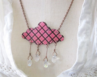 Tartan Plaid Rain Drops Pink and Brown Necklace Gift Shower Fashion Cloud and Crystal Raindrops Jewelry