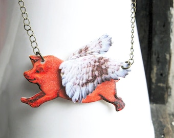 Pig with Wings Necklace Gift for Best Friend Angel Pendant Winged Pig Wings Animal Statement Necklace When Pigs Fly Unique Quirky Image