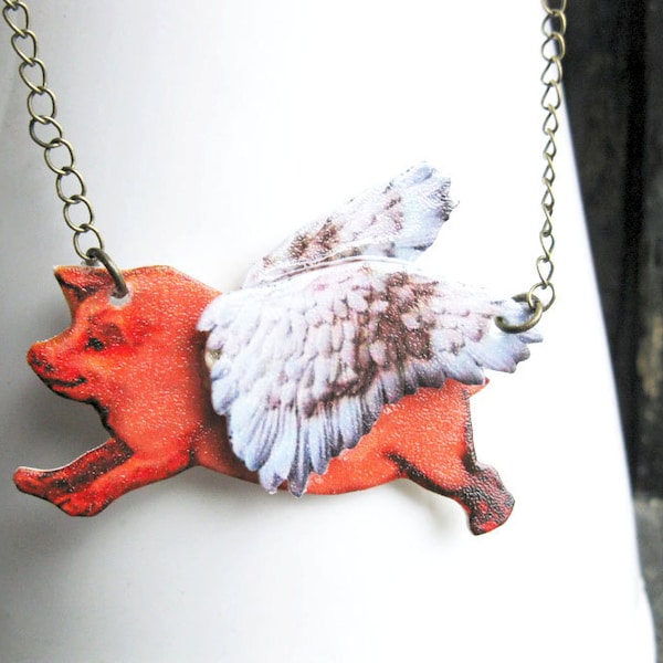 Pig with Wings Necklace Gift for Best Friend Angel Pendant Winged Pig Wings Animal Statement Necklace When Pigs Fly Unique Quirky Image