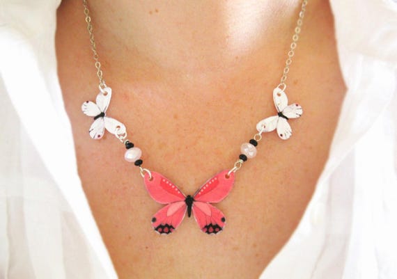 Pink White Butterfly Necklace, Delicate Necklace For Her, Whimsical Necklace, Teen Girl Jewelry, Fairycore Jewellery, Sister Gift Idea