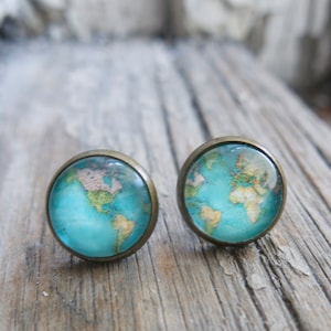 Boucles d'oreilles carte du monde, cadeau pour elle, aventurière, globe bleu, fait main, voyage, cadeau pour meilleure amie, vagabond, voyageur, continents océaniques