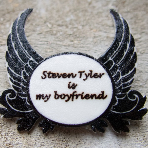 Steven Tyler Is My Boyfriend Brooch, Rock and Roll, Personalized Favorite Star, Quirky Friend Gift, Music Pin, Angel Wings, For Music Fans