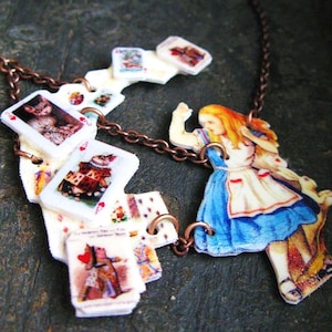 Alice In Wonderland Queen of Hearts Statement Necklace Shower of Cards Jewelry for Her image 2