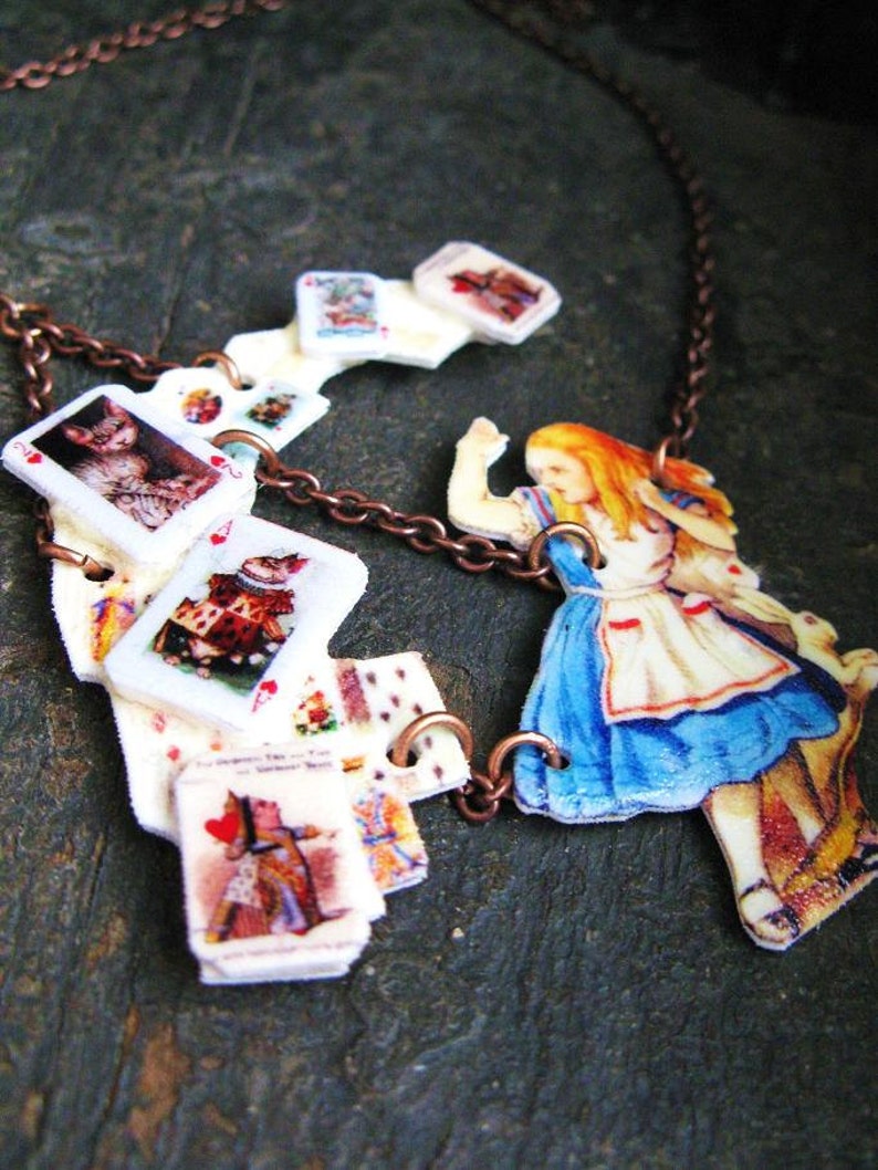 Alice In Wonderland Queen of Hearts Statement Necklace Shower of Cards Jewelry for Her image 2