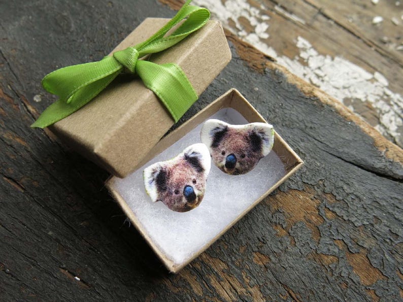 Australian wildlife koala bear stud post earrings, brown and white fuzzy fur with blue noses on wood.