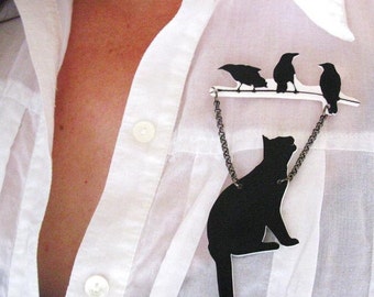 Schwarze Katze und Vögel Anstecknadel, Tier Brosche, Muttertagsgeschenk, Tierliebhaber, Silhouette, Einzigartiges Funky, cooles Geschenk, trendiger Bestseller, Für Sie