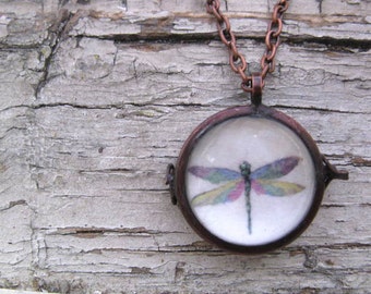 Dragonfly Animal Locket Necklace, Pendant Pastels Gift for her, Copper Glass Locket, Insect Lover, Summer Gift Idea, Women's Fashion, Canada