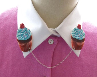 Cupcake Brooch Blue with a Cherry Quirky Double Spring Pin
