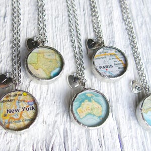 Map Necklace with Custom Initial, Glass Pendant, Personalized Jewelry, Handmade Gift for Her or Him,
