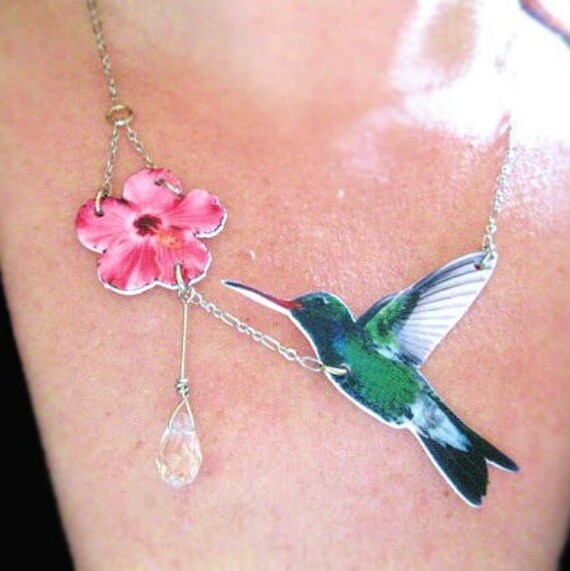 Bird Necklace the Hummingbird and the Flower Crystal Water Drop