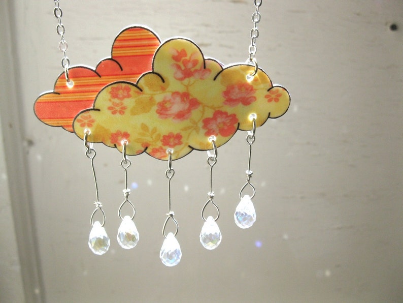 Bright Crystal Cloud Necklace Women Tangerine Orange Rain Shower Raindrop Floral image 2