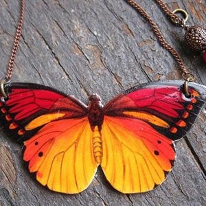 Butterfly Orange Monarch, Statement Necklace, Woman Yellow and Red Pendant, Nature Woodland, Image Jewellery for Her, Handmade Bright Insect