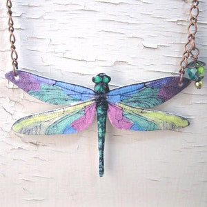 Dragonfly Necklace in Pastel Colors, Acrylic Jewellery for Women, Unusual Image Jewelry, Pretty Green Pink Purple Teal, Insect Nature
