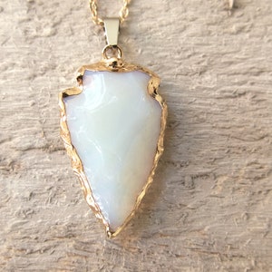 Opalite Arrowhead Necklace, Arrow Healing Stone, Mother's Day Gift, White Gemstone, Bronze Gold, Friend Gift, Boho Bohemian Style, Opal image 4