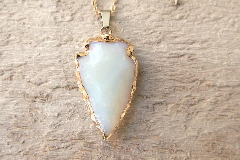 Opalite Arrowhead Necklace, Arrow Healing Stone, Mother's Day Gift, White Gemstone, Bronze Gold, Friend Gift, Boho Bohemian Style, Opal image 4