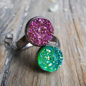 Double Druzy Ring, Gift For Teens, Faux Drusy, Jewelry For Her, Funky Present, Silver, Blue, Aqua, Red, Modern Resin, Birthday for Daughter