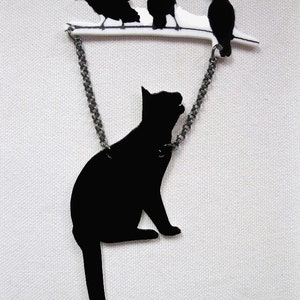 Black Cat and Birds Pin, Animal Brooch, Mother's Day Gift, Pet Lover, Silhouette, Unique Funky, Cool Present, Trendy Best Seller, For Her image 3