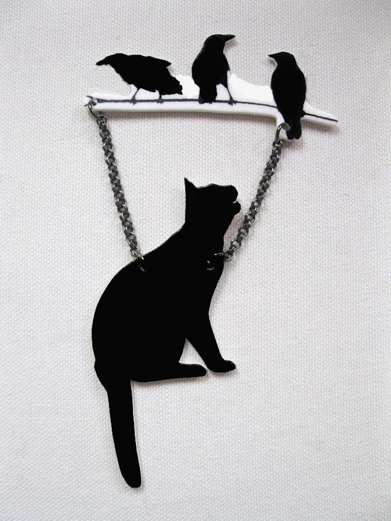 Black Cat and Birds Pin, Animal Brooch, Mother's Day Gift, Pet Lover, Silhouette, Unique Funky, Cool Present, Trendy Best Seller, For Her image 3