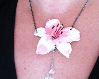 Flower Necklace, Pink Floral with Crystals, Nature Lover, Pretty Jewellery Gift for Her, Friend Mom Aunt Wife, Hibiscus Plant, Pretty Gift