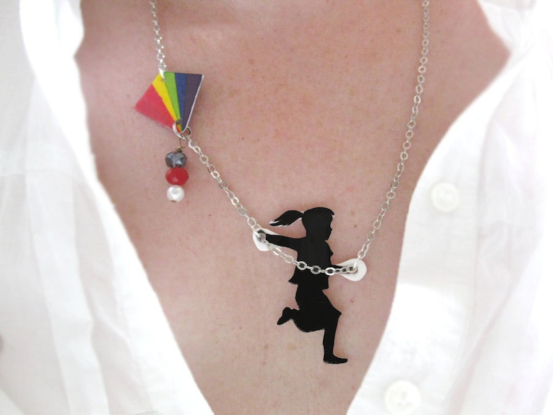 Pride Day LGBTQ Rainbow Flag Necklace jewelry Statement Necklace Rainbow Girl Flying a Kite Black Silhouette Lesbian Pride Jewellery image 1