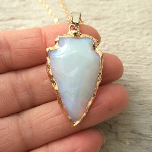 Opalite Arrowhead Necklace, Arrow Healing Stone, Mother's Day Gift, White Gemstone, Bronze Gold, Friend Gift, Boho Bohemian Style, Opal image 2