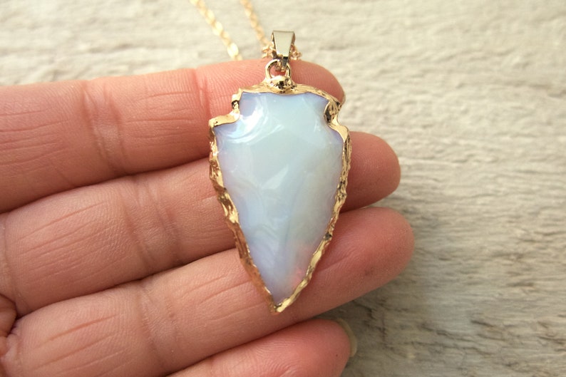 Opalite Arrowhead Necklace, Arrow Healing Stone, Mother's Day Gift, White Gemstone, Bronze Gold, Friend Gift, Boho Bohemian Style, Opal image 2