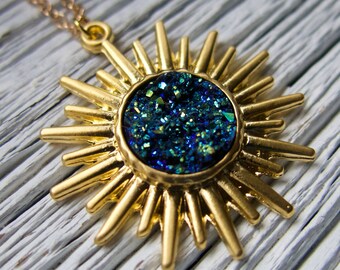 Gold Sun Necklace, Plated Pendant, Handmade Gift with Blue, Rose Gold Resin Druzy, Mother's Day Present Sparkling Gift for Her Boho Bohemian