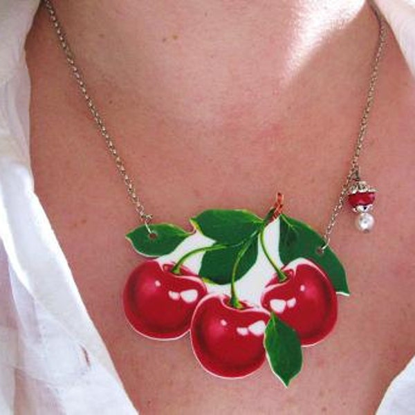 Kirschdruck Damen Blüten rot 50er Jahre inspiriert Süße Rockabilly Sommer Acryl Halskette Obst Trending