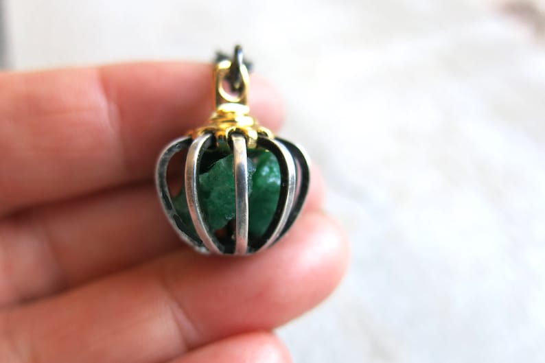 Raw Emerald Necklace, Crystal Green Gem, Gemini Sign, Mother's Day Gift, Push Present, May Birthstone, Rough Gemstone, Wife Cage Pendant image 6